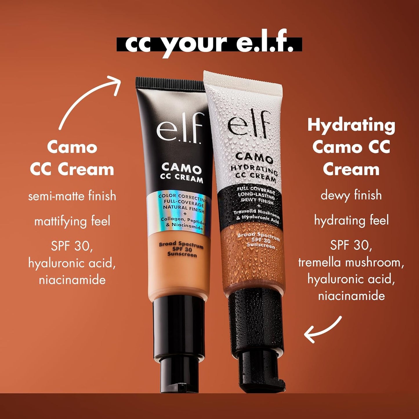 e.l.f. Hydrating Camo CC Cream, SPF 30, Color Correcting Full Coverage Foundation For A Dewy Finish, Vegan & Cruelty-Free, Tan 450 N