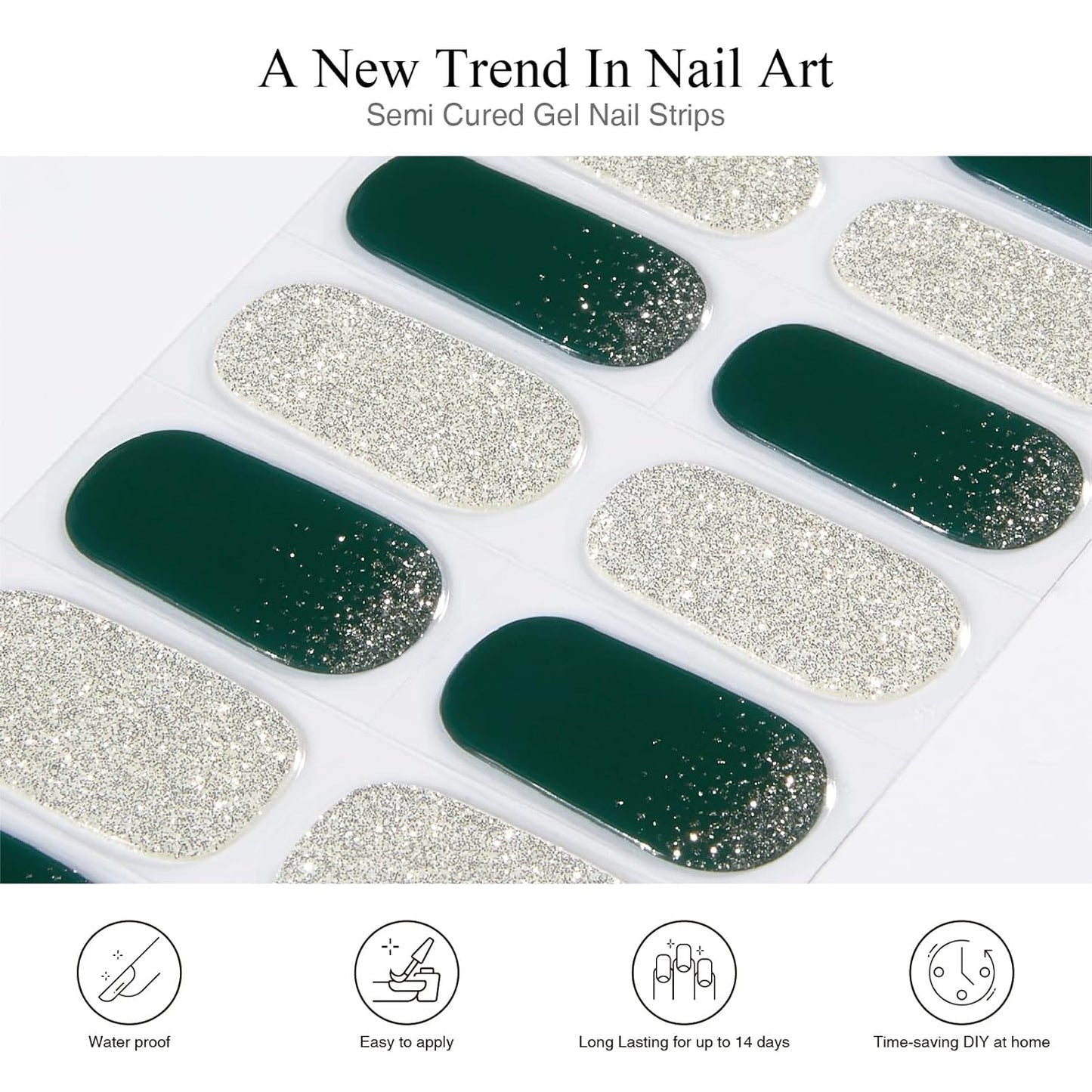Semi Cured Gel Nail Strips, 20 PCS Gel Nail Stickers Work with UV Light, Gel Nail Wraps, Salon Quality & Easy to Use - Shineway