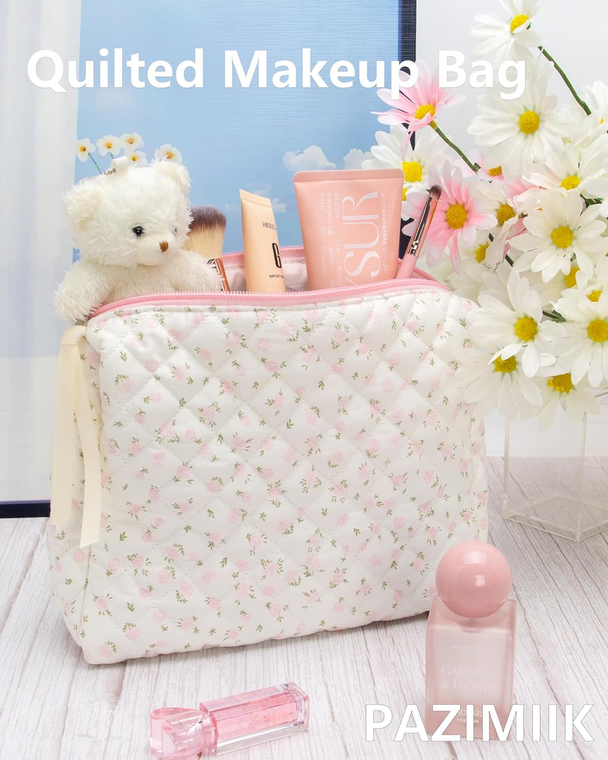 Quilted Makeup Bag Large Travel Zipper Soft Cosmetic Pouch for Women Girls Make Up,Little Flower Pink