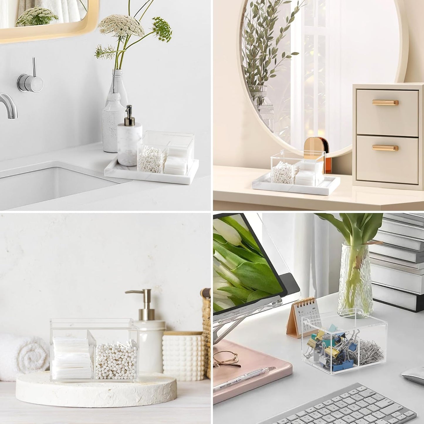 Clear Acrylic Cotton Swab Ball Holder Qtip Organizer with Lid 2-Grid Canister for Make Up Pads, Floss Picks, Vanity Storage,Bath Salts, Cosmetics, Home Bathroom Decor (DP004)