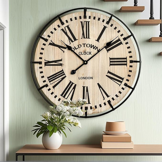 EMAX HOME Rustic Farmhouse Wall Clock 24 Inch, Vintage Oldtown London Wooden by EMAXHOME