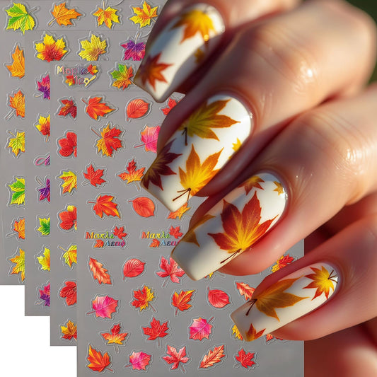 4 Sheets Fall Nail Art Stickers Maple Leaf Nail Decals 3D Self-Adhesive Autumn Leaves Design Stickers Thanksgiving Maple Leaves Nail Decals for Women Holiday DIY Manicure Decoration