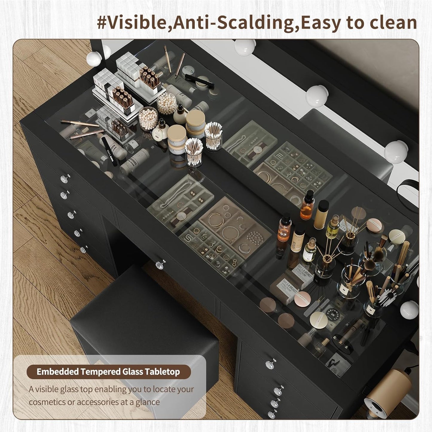 11 Drawers Makeup Vanity with Charging Station, Vanity Desk with 13 LED Bulbs and HD Mirror, 3 Color Brightness Adjustable, Glass Top Vanity Set for Bedroom, Black