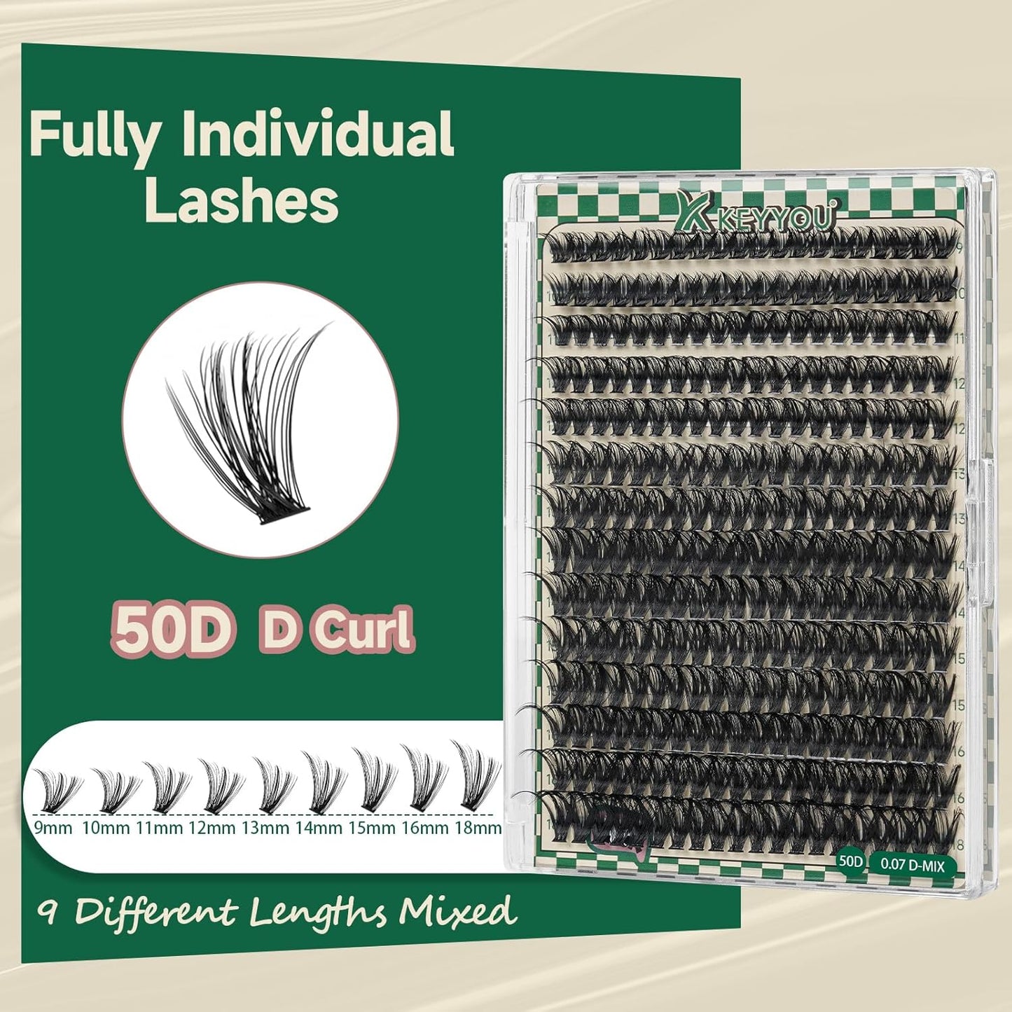 DIY Lash Extension Kit 280pcs Individual Lashes D Curl Eyelash Extension Kit KEYYOU 50D 9-18Mix Natural Lash Clusters with Lash Bond and Seal and Lash Applicator for DIY at Home(KIT-50D-0.07D-9-18Mix)