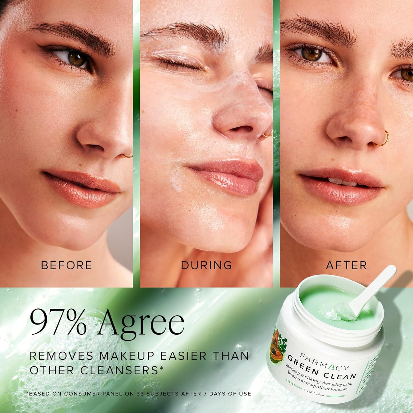 Farmacy Makeup Remover Cleansing Balm - Green Clean Waterproof Makeup Remover + Oil Based Cleanser - Gentle Exfoliating Double Cleanser - Melts From Balm to Milky Lather (50ml)