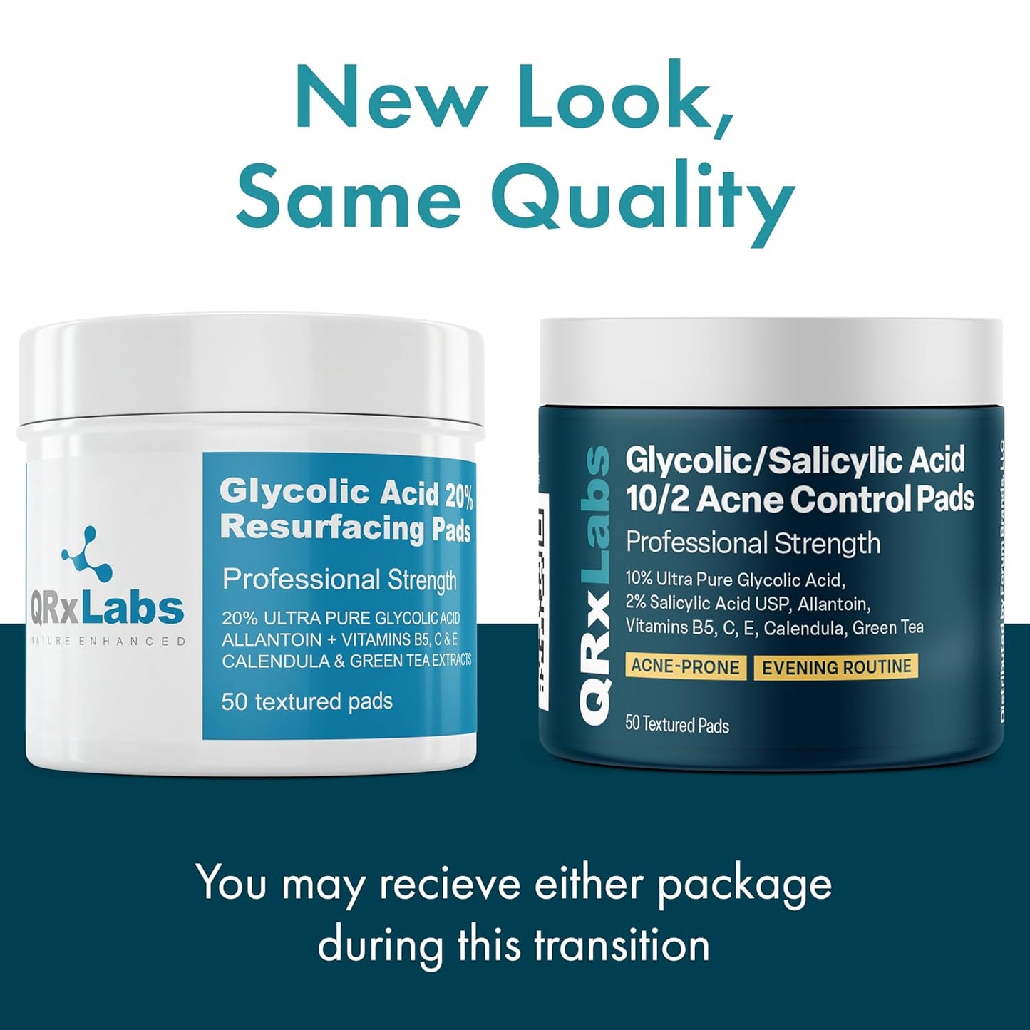 QRxLabs Glycolic/Salicylic Acid 10/2 Acne Control Pads with 10% Ultra Pure Glycolic + 2% Salicylic Acid, Allantoin, Vitamins B5, C & E, Calendula Green Tea - Most Effective Treatment Clear Skin - 2PK