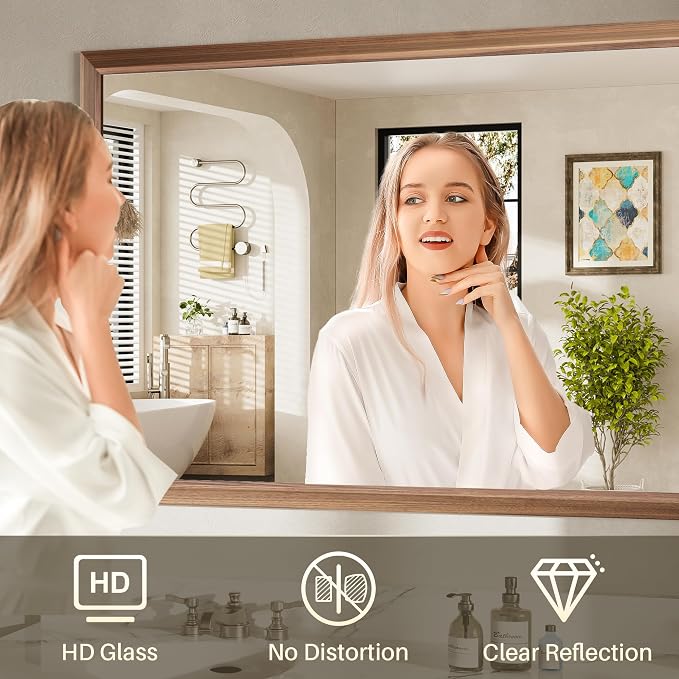 40x36 Inch Bathroom Mirror for Wall, Anti-Rust Walnut Wood Grain Metal Framed - Image 6