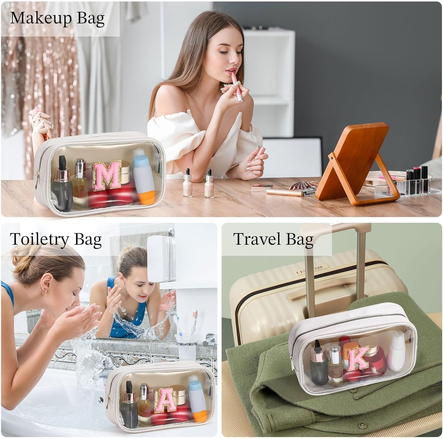 YOOLIFE Initial Make Up Bag Travel Toiletry Bag, Clear Makeup Bag Preppy Cosmetic Bag Travel Essentials Gifts for Women Teen Girlfriend Teacher Mom Birthday Daughter Gifts Swim Gifts For Girls White G