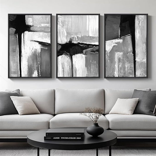 Large Framed Black and White Gray Abstract Wall Art by Cuspin