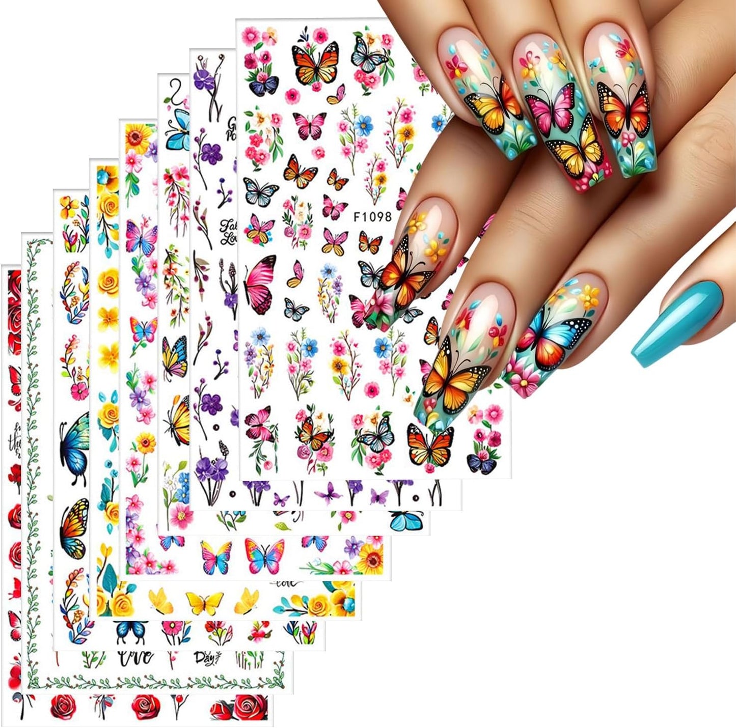 8 Sheets Butterfly Flower Nail Art Stickers 3D Self-Adhesive Spring Summer Nail Sticker Flower Nail Art Decals Holographic Blossom Nail Decal Decoration for Women Colorful Butterfly Manicure Supplies