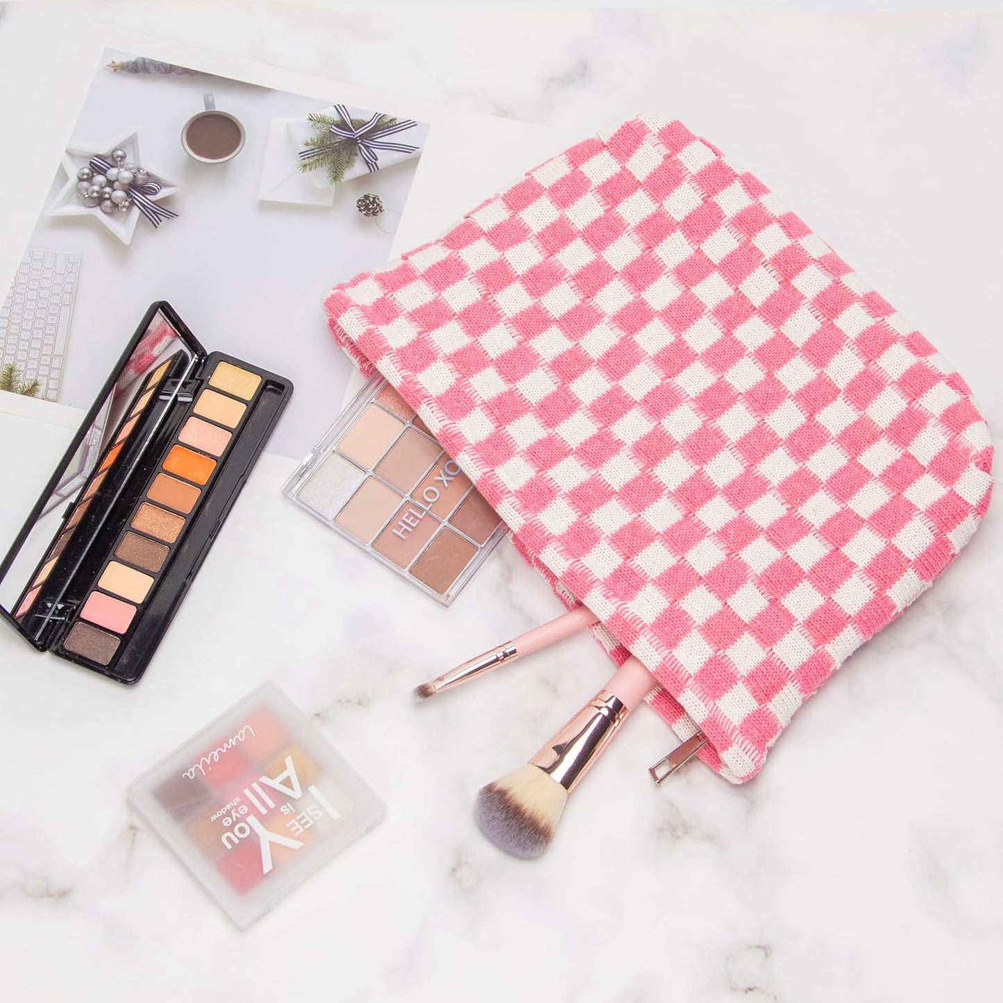 Knitted Checkered Makeup Bag Large Zipper Make Up Accessory Pouch for Purse Cosmetic Brush Bag for Travel Essential Pink White
