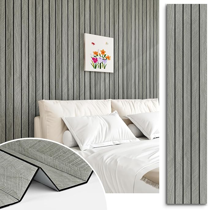 Grey Wood Wall Slat Panels Peel and Stick 3D Textured Fluted Wood Panels by STICKEEP