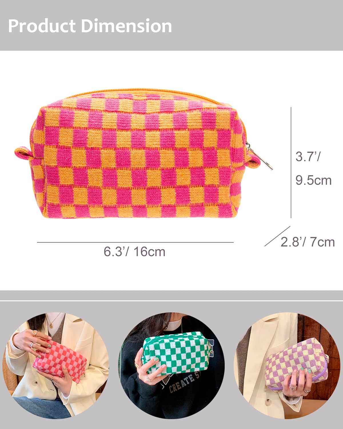 PAZIMIIK Checkered Makeup Bag for Purse Portable Zipper Make Up Pouch Small Cosmetic Case for Travel Red Orange