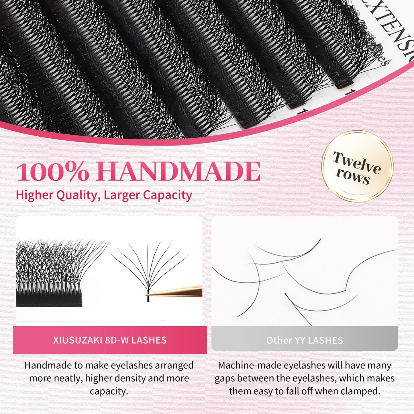 W Lash Extensions Supplies 8D Eyelash Extensions W Shape 0.07mm Thickness C Curl 12mm Premade Fans Easy Fan Lashes Volume Matte Black 12 Rows Crisscross Eye Lashes(W-8D-0.07-C,12mm)