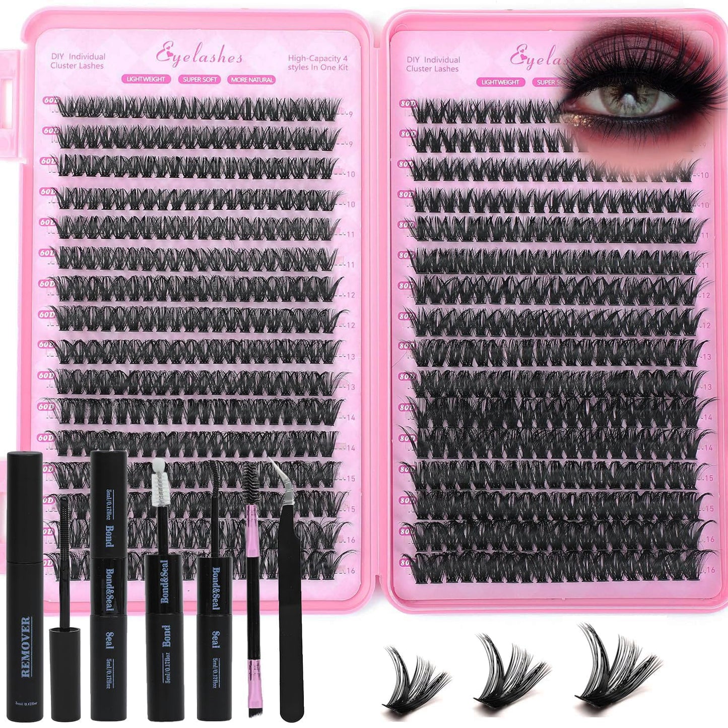 Lash Clusters Kit, Eyelash Clusters Individual Lash Extension Kit 480 Pcs D Curl Flufffy Wispy False Eyelashes Extensions Thin Band with Bond Seal Tweezers Brush Remover (60D+80D Kit 9-16mm)