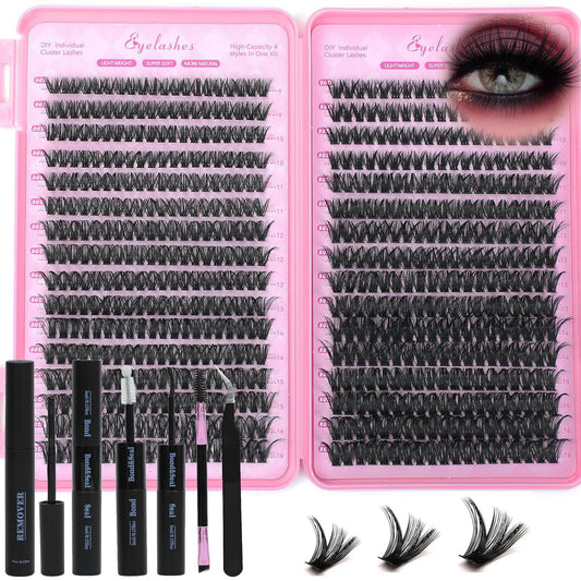 Lash Clusters Kit, Eyelash Clusters Individual Lash Extension Kit 480 Pcs D Curl Flufffy Wispy False Eyelashes Extensions Thin Band with Bond Seal Tweezers Brush Remover (60D+80D Kit 9-16mm)