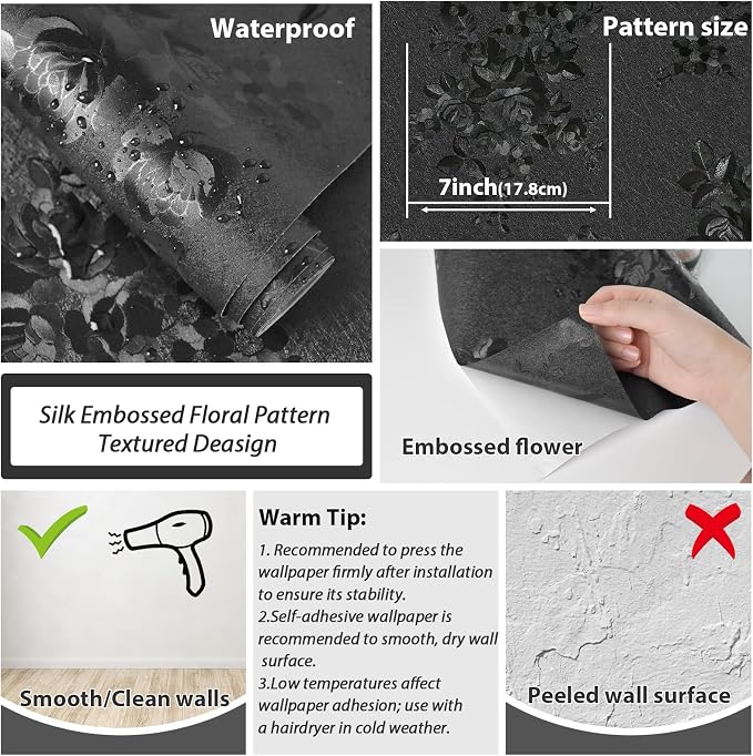 Black Peel and Stick Wallpaper 787.4inL17.3inW Silk Embossed Floral Contact - Image 6