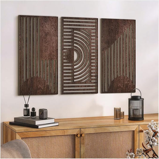 VIYYIEA Boho Solid Wood Carved Wall Art Set of 3, Geometric Minimalist Wooden by VIYYIEAART