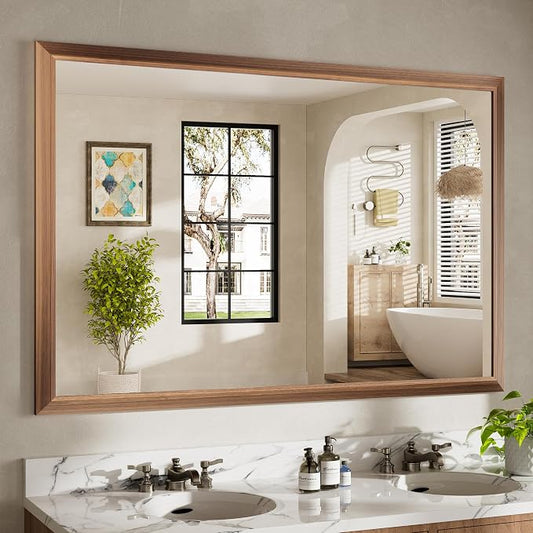 60x40 Inch Bathroom Mirror for Wall, Anti-Rust Walnut Wood Grain Metal Framed by Briivuemodernmirrors