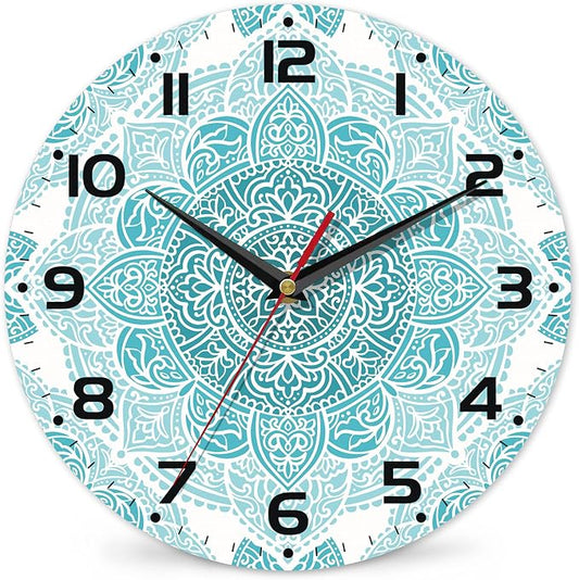 Teal Mandala Flower Wall Clock, Silent Non-Ticking, Battery Operated, Wooden by DEMACYA