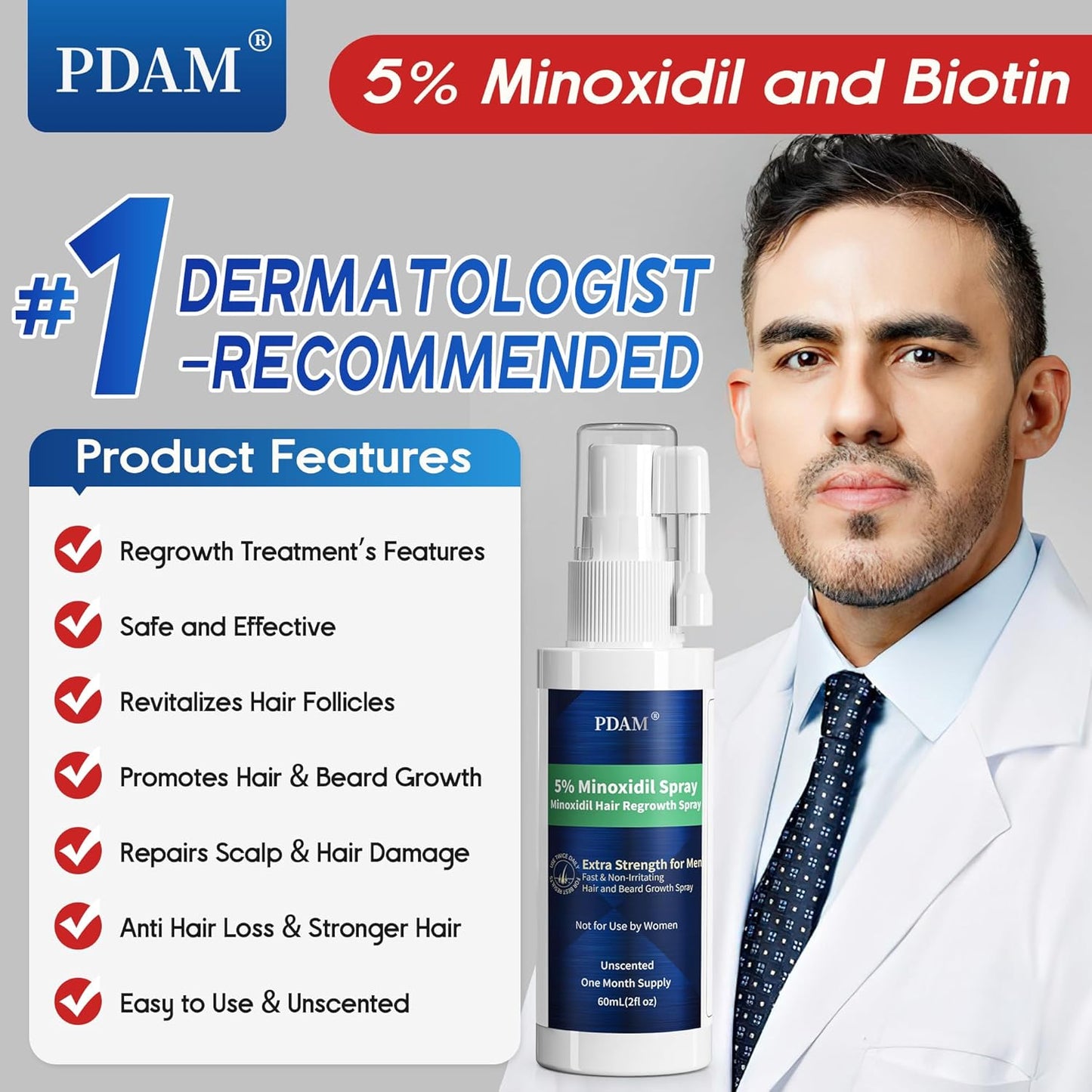 Minoxidil for Men Hair Growth Spray - 5% Topical Minoxidil for Hair and Beard Growth, Extra Strength Hair Regrowth Treatment for Hair Loss & Thinning Hair, 2 Fl Oz (60ml) *1