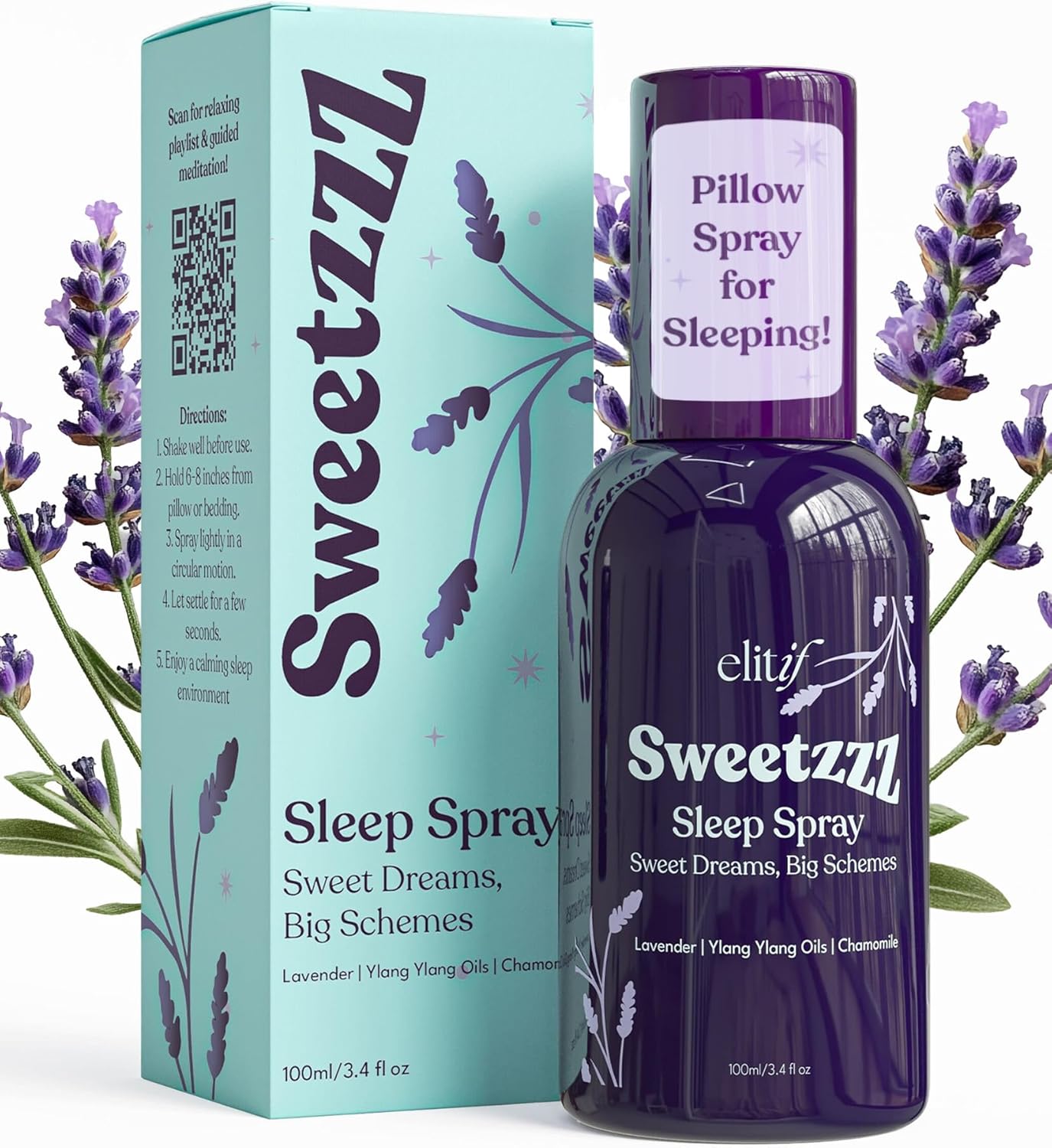 Lavender Pillow Spray for Sleeping – Aromatherapy Sleep Mist & Natural Bedtime Linen & Room Spray – Vegan, Non-Toxic, Travel-Friendly – Sweetzzz by Elitif