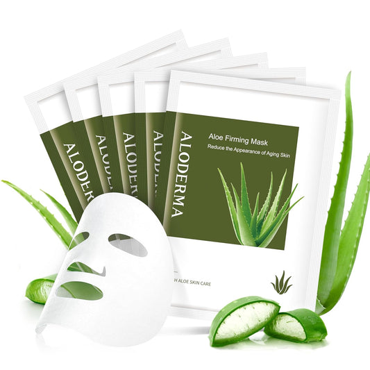 Aloderma Firming Sheet Masks with 89% Organic Aloe Vera 5 pcs - Formulated for Age-Defying Results with Hyaluronic Acid & Arginine, Intense Hydration & Nourishment for Plump, Supple, Rejuvenated Skin