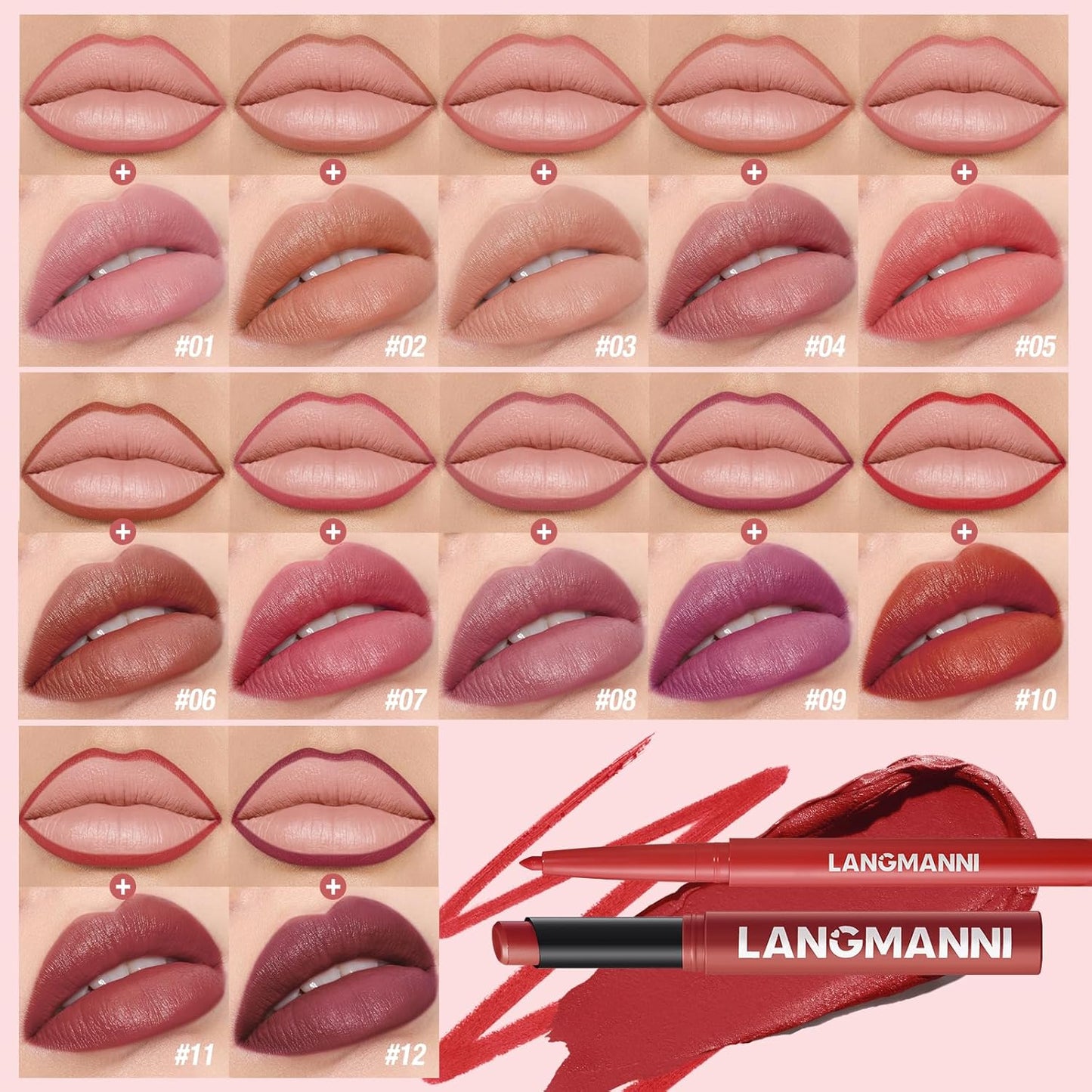 Jolilab 8Pcs Lip Set: 4 Colors Lip Liner+4 Colors Lipstick, Matte/Creamy,Smooth Creamy Texture,Long-Lasting,Bold/Nude Shades for Daily/Party, Vegan, Gift for Makeup Lovers.(#03+05+10+12)