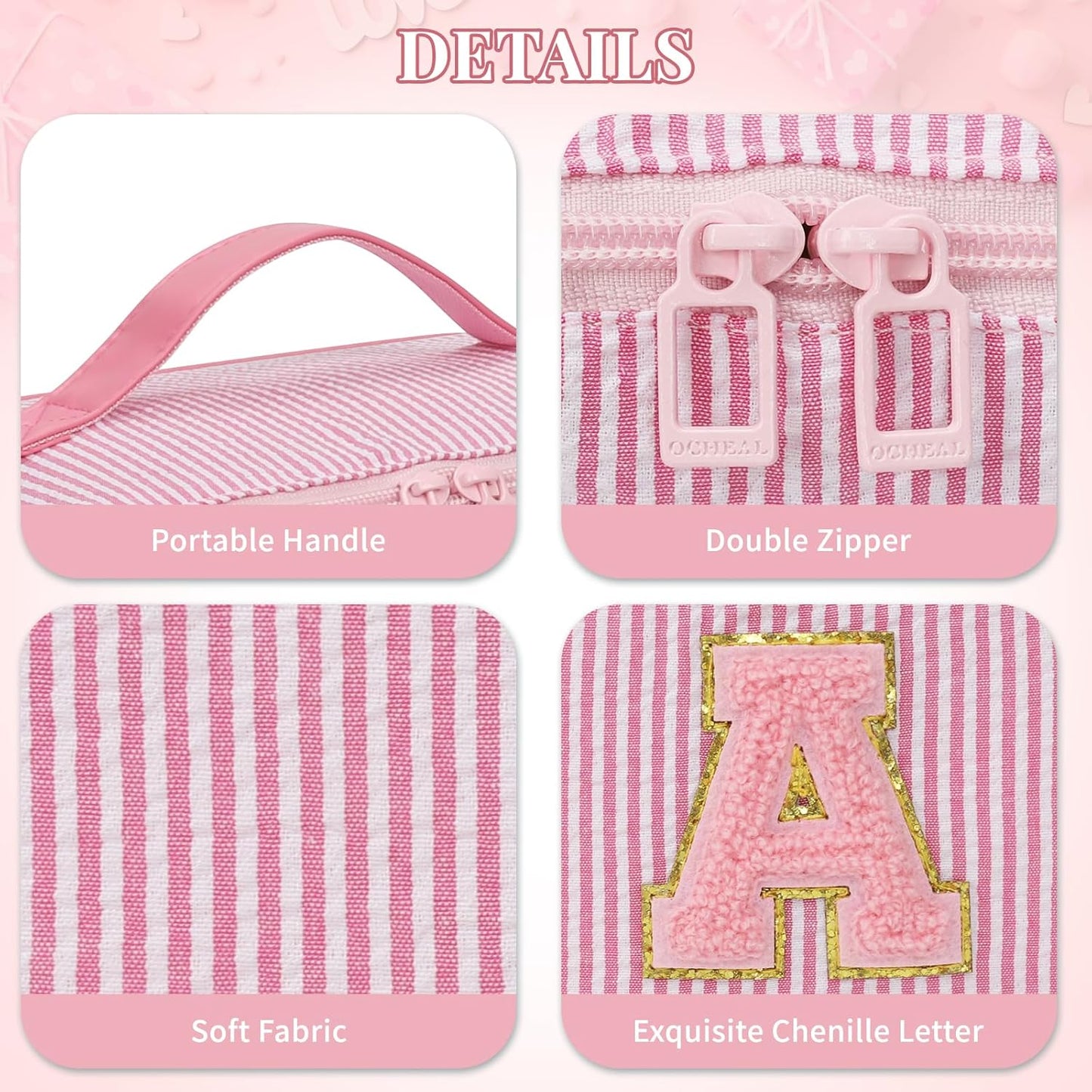 Travel Makeup Bag for Women, 2Pcs Portable Personalized Initial Makeup Organizer Bag, Open Flat Large Cosmetic Bag With Travel Essential Pouch (Pink Letter E)