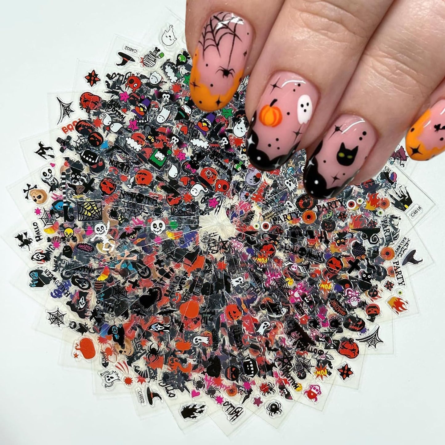 24 Sheets Halloween Nail Stickers 3D Self Adhesive Halloween Nail Decals Ghost Pumpkin Nail Art Stickers Spider Web Bat Nail Design Halloween Nail Art Supplies for Acrylic Nails Decorations for Women