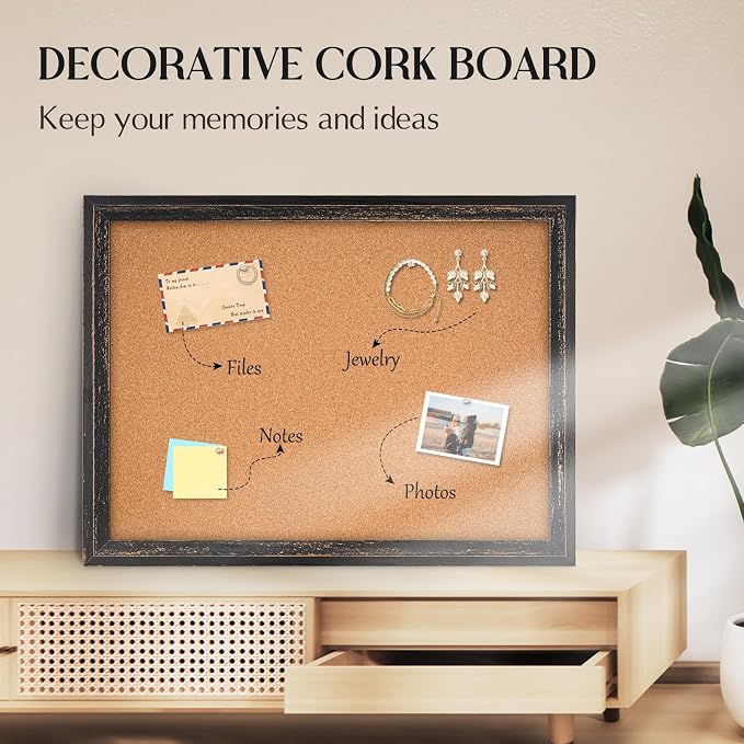Cork Board Bulletin Board, Rustic Black Wooden Frame, Decorative Hanging Pin - Image 7