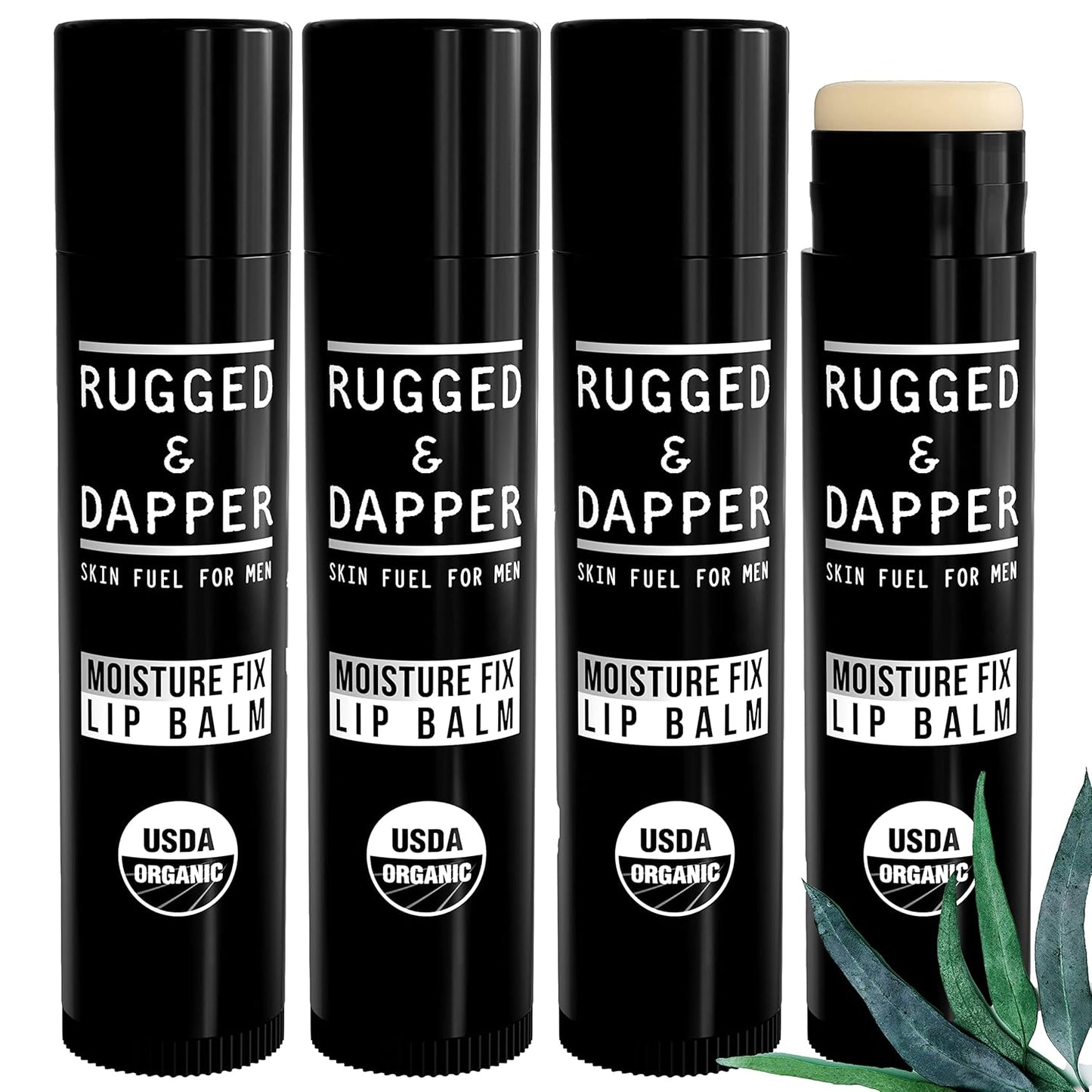 RUGGED & DAPPER Lip Balm for Men - Certified Organic + Natural Ingredients - 4 Pack - Hydrating Mens Chapstick - USA Made