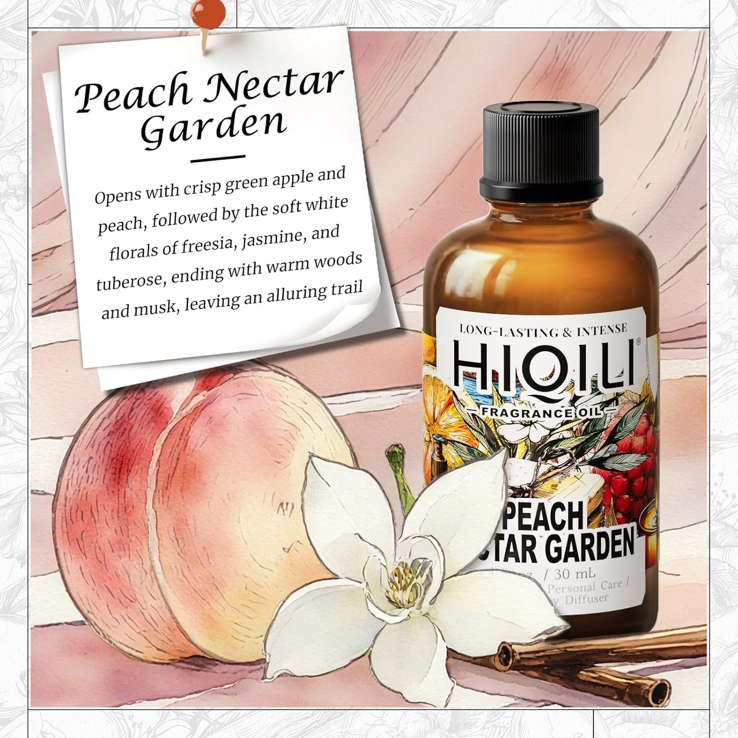 HIQILI Peach Nectar Garden Fragrance Oil for Diffuser, Inspired by Pris.HIL-ton, Candle & Soap Making, Sweet Floral-Fruity Notes, Long-Lasting Scent- 1fl oz