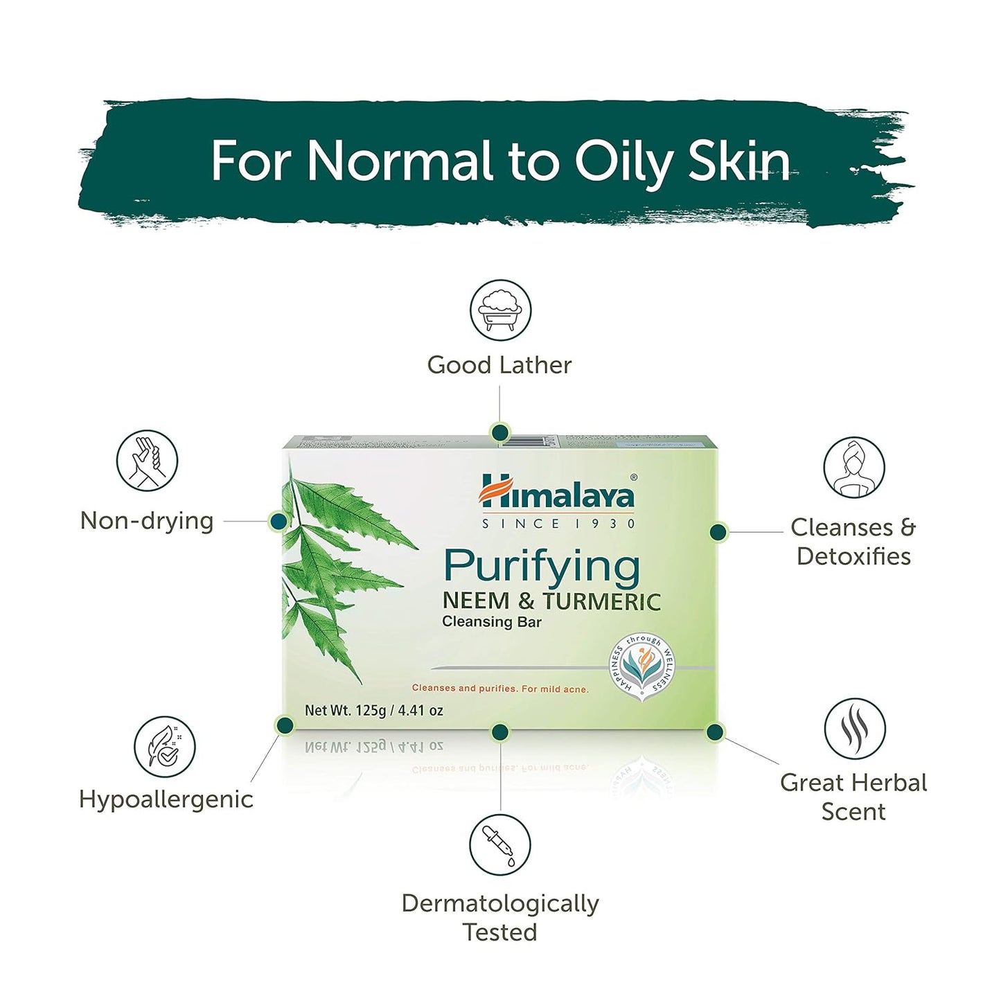 Himalaya Purifying Neem & Turmeric Cleansing Bar for Clean and Healthy Looking Skin, 4.41 Oz (125 gm) (Pack of 2)