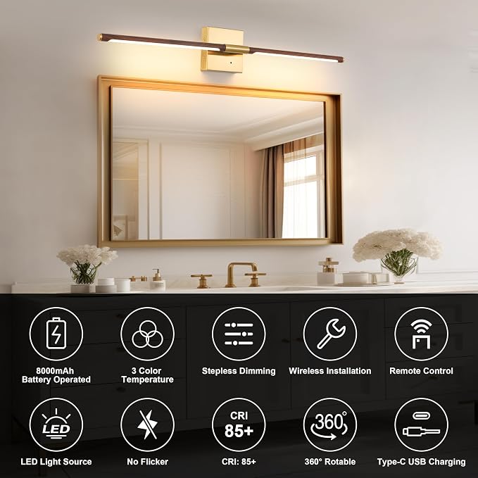 Morauroral 40″ Walnut Battery Operated Wall Sconces Set of Two, Dimmable Wall - Image 2