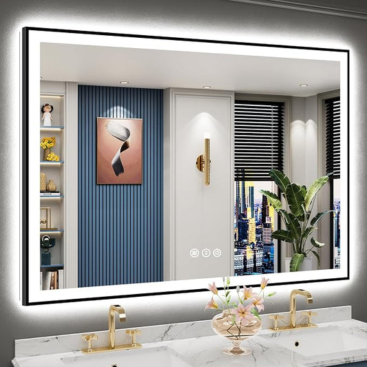 55x40 Black Framed LED Bathroom Mirror by Awandee