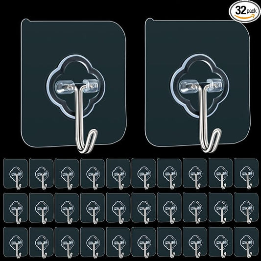 Adhesive Hooks, 32 Pack 33lb Sticky Hooks, Transparent Reusable Removable by DKHDBD