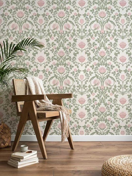 YXTII Peel and Stick Wallpaper Pink Floral Damask Wallpaper by YXTII