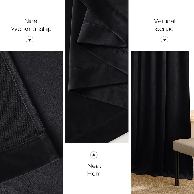 NICETOWN Black Velvet Curtains 90 inches Long 2 Panels Set, Thermal Insulated - Image 8