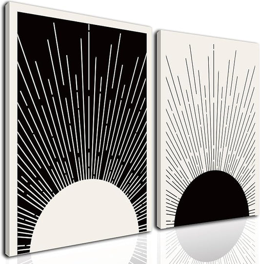 Hwetui Framed Boho Sun Wall Art Set of 2 Black and White Minimalist Sunrise by Hwetui