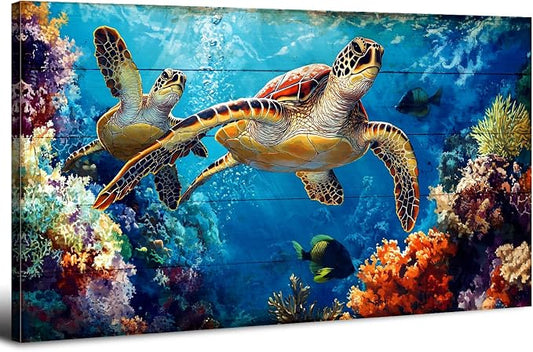 Sea Turtle Wall Art Ocean Bathroom Decor Colorful Fish Coral Landscape Canvas by HOME