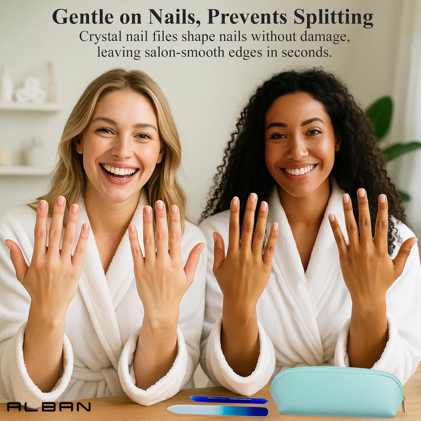 Alban Czech Glass Nail File Set with Manicure Stick & Vegan Leather Cosmetic Case (Royal Blue Nail Files, Royal Manicure Stick & Light Blue Cosmetic Case)