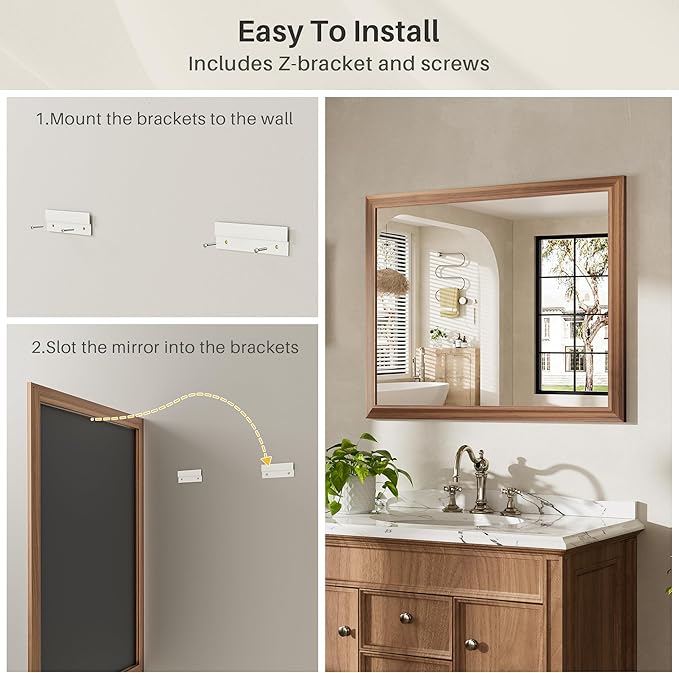 60x40 Inch Bathroom Mirror for Wall, Anti-Rust Walnut Wood Grain Metal Framed - Image 5