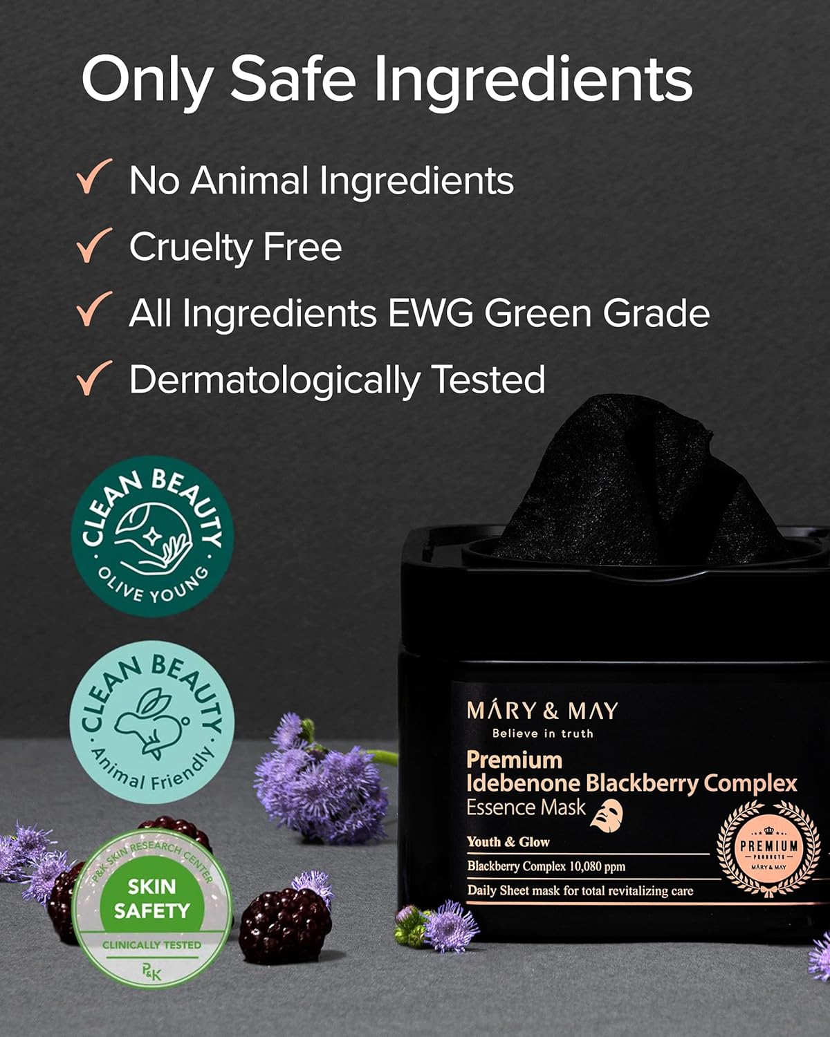 Mary&May Premium Idebenone Blackberry Complex Essence Mask - Quick Dispenser Type Anti Aging Korean Face Mask Sheet - Vitamin C, Panthenol, and Ceramide for Moisturizing and Radiant Skin, 20 Sheets