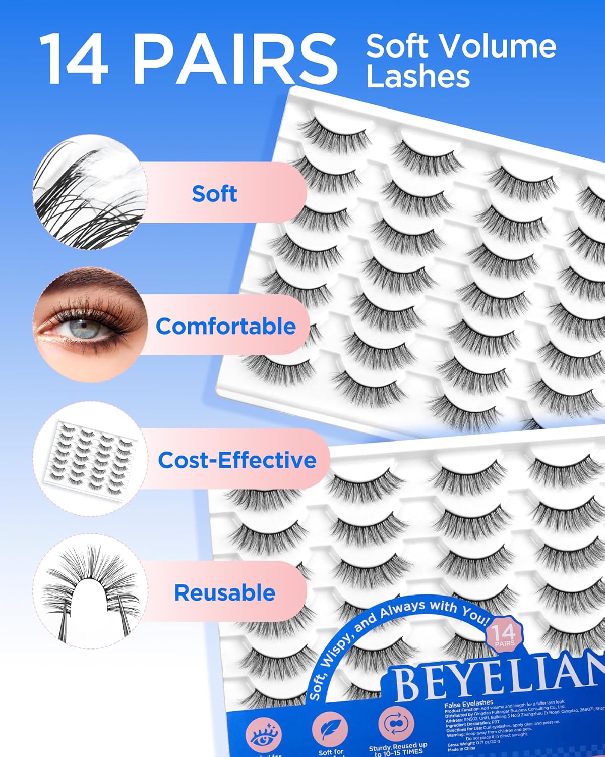 BEYELIAN False Eyelashes 14 Pairs Eye Lashes 8-14mm Strip Lash Pack Soft 3D Volume Faux Mink Lashes That Look Like Extensions C219