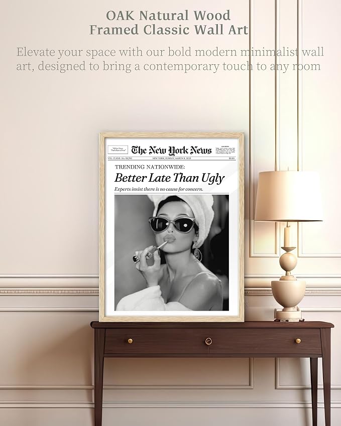 iHery Natural OAK Wood Audrey Hepburn Newspaper Trendy Framed Wall Art - Image 2