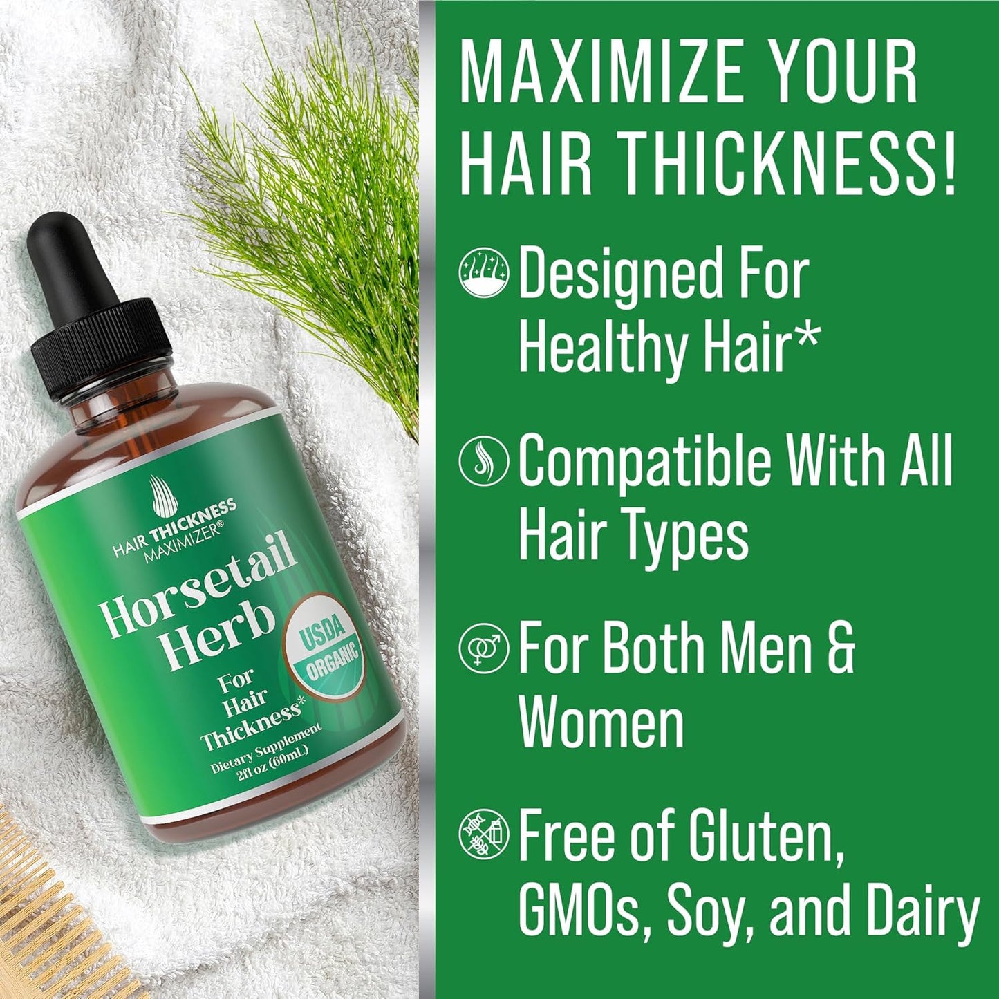 USDA Organic Horsetail Herb Liquid Drops for Hair Growth, Thickening. Vegan, Pleasant Tasting Supplement with Horsetail. Zero Sugar, Alcohol Free Hair Vitamins for Women and Men