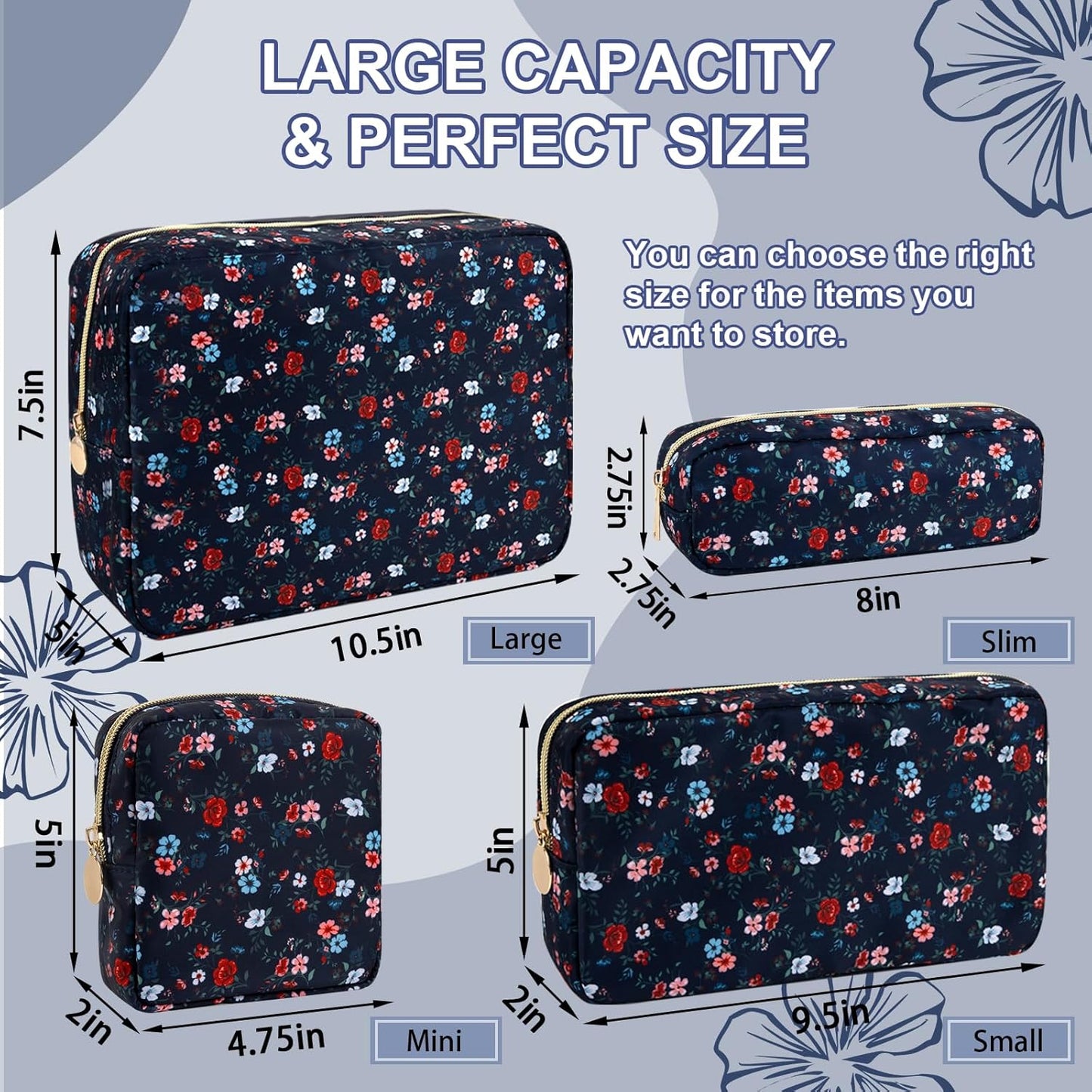 Waterproof Large Floral Makeup Pouch,Nylon Travel Toiletry Storage Purse Preppy Cosmetic Bag for Women Girl,Large Capacity Makeup Organizer Zipper Pouch for Work(L Black-Flowers)