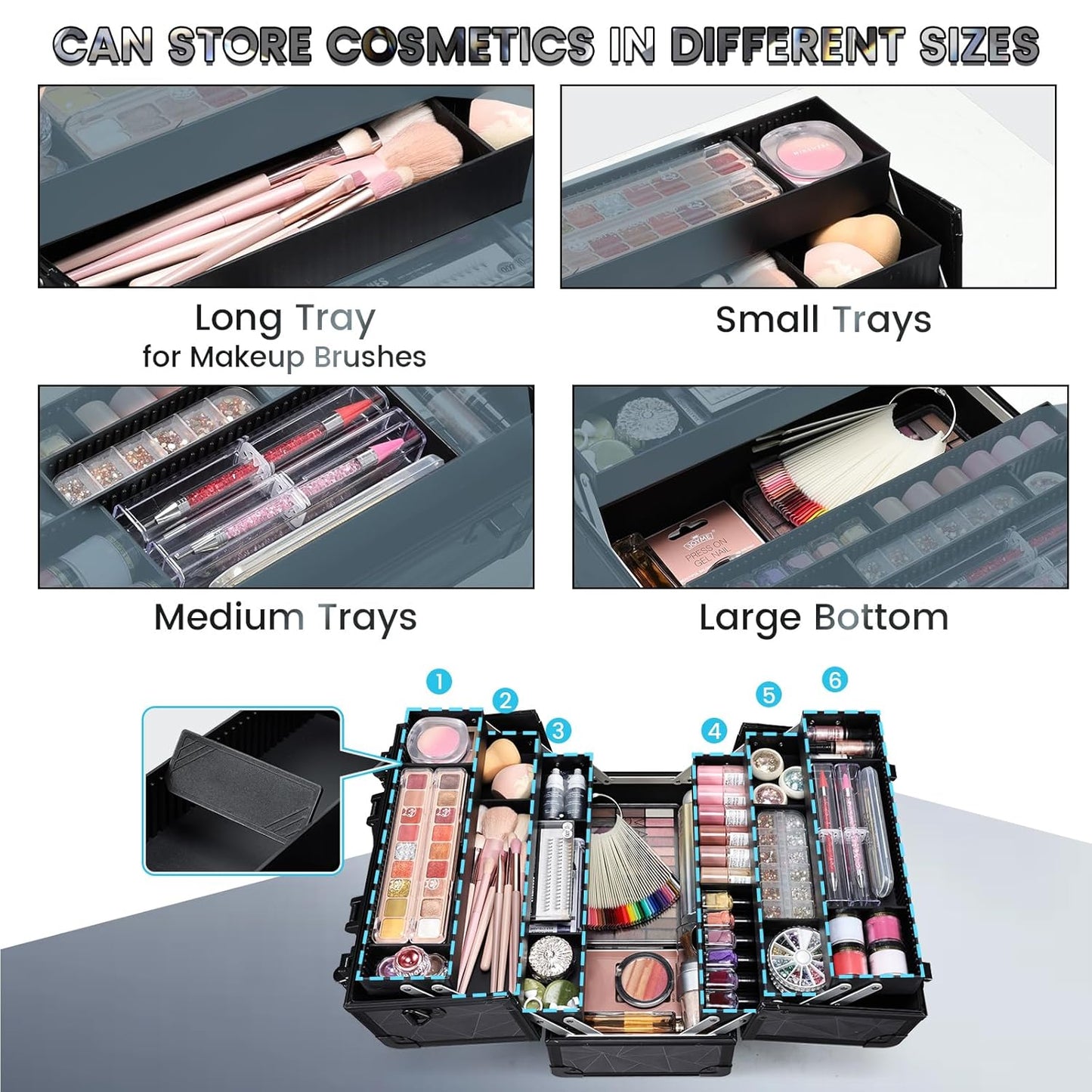 FRENESSA Makeup Case Extra Large Makeup Train Case 12.6 Inch Makeup Box Organizer Profressional Make Up Cases Storage Cosmetic Artist Travel Case with Divider Shoulder Strap Hard Vanity Dark Black