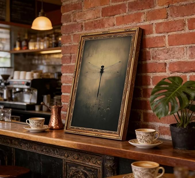 Vintage Gold Framed Wall Art Retro Dark Dragonfly Painting Canvas Prints Gothic - Image 6